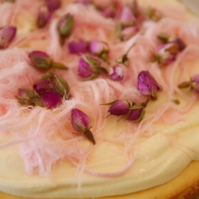 Cheesecake with persian fairy floss, rosebuds and pistachios